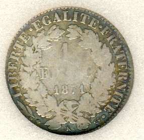 1871 Graded F-12, 1 Franc, France, Silver