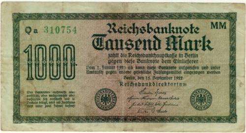 Germany - 1000 Mark, 1922, One Thousand Mark Note, Green Variant