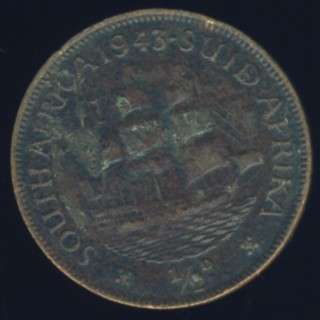 1943 Half Penny coin, 1/2d, South Africa, George VI, No reserve