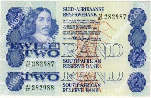 2 x R2 , T. W. de Jongh, 4th series, Two Rand notes, 1978, Sequential Order, no reserve