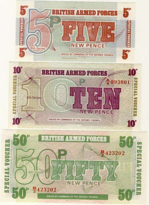 British Armed Forces, 3 note set, 6th Series MPC, 5 10 and 50 pence