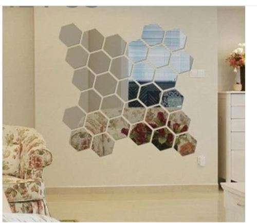 12 PCS 3D Hexagonal Mirror Wall Stickers Set, (Silver)
