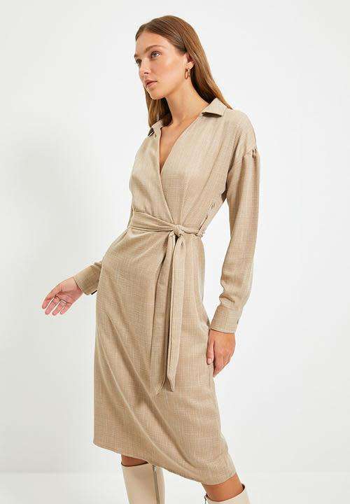 Belted double breasted collar dress - camel EU38/UK10