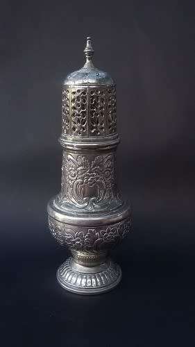 Amazing antique plated sugar shaker in great age related condition with exquisite detail