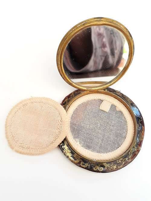 Antique Powder Compact made in France - Tortoise Shell and fine gold filigree design
