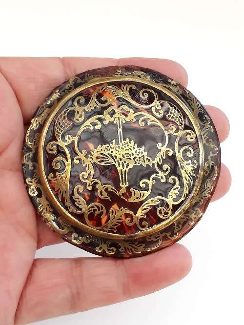 Antique Powder Compact made in France - Tortoise Shell and fine gold filigree design