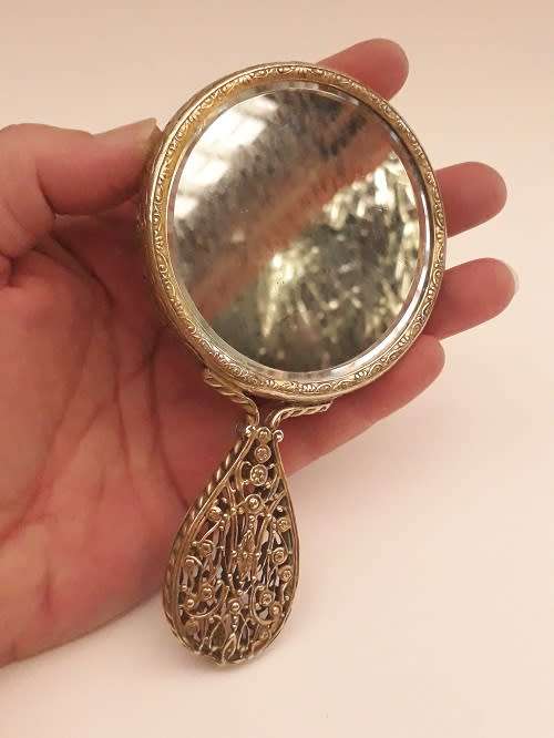 Vintage Hand Embroidered Gilt Mini Hand Mirror