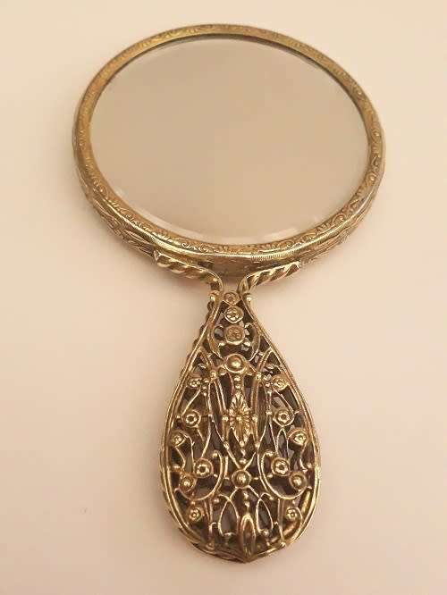 Vintage Hand Embroidered Gilt Mini Hand Mirror