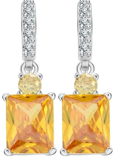 Elegant Canary Yellow Princess Cut Simulated Sapphire 4 Carat Drop Earrings.See video of stone colou
