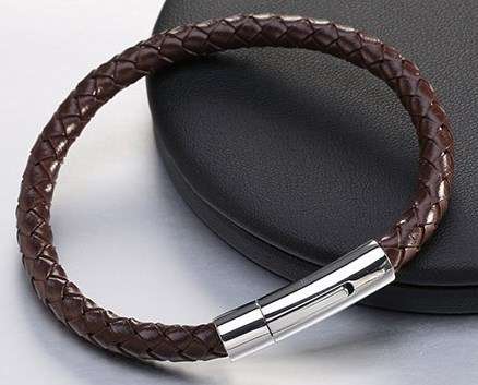 Men's Genuine Weaved Leather and Stainless Steel Bracelet