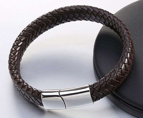 Men's Genuine Woven Leather and Stainless Steel Bracelet