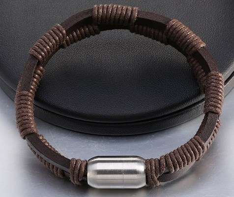 Men's Genuine Roped Leather and Stainless Steel Bracelet