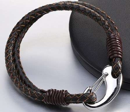 Men's Genuine Woven Rope Leather and Stainless Steel Bracelet