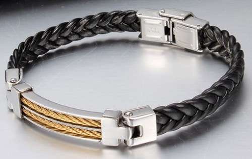 Men's Genuine Braided  Roped detail Leather and Stainless Steel Bracelet