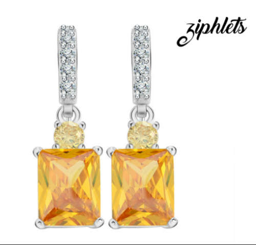 Elegant Canary Yellow Princess Cut Simulated Sapphire 4 Carat Drop Earrings.See video of stone colou