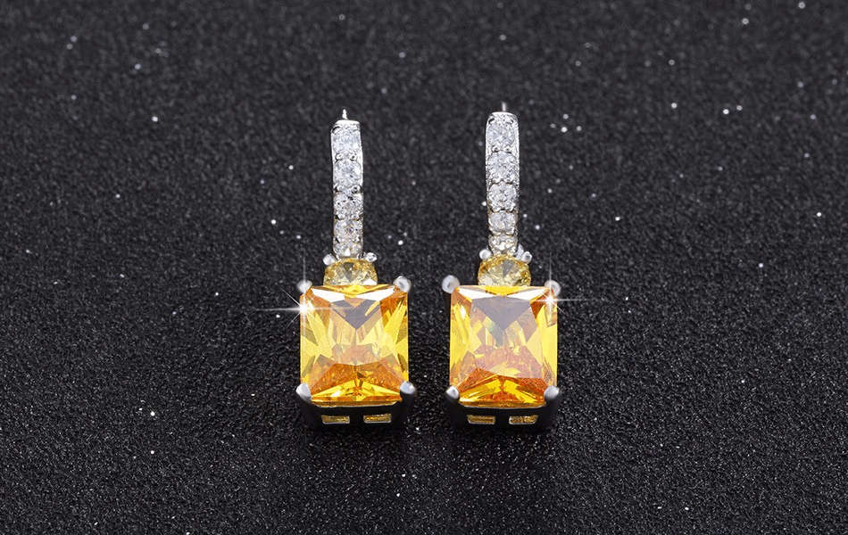 Elegant Canary Yellow Princess Cut Simulated Sapphire 4 Carat Drop Earrings.See video of stone colou