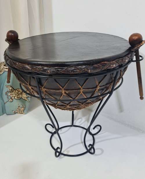 African Drum on Wrought Iron Stand
