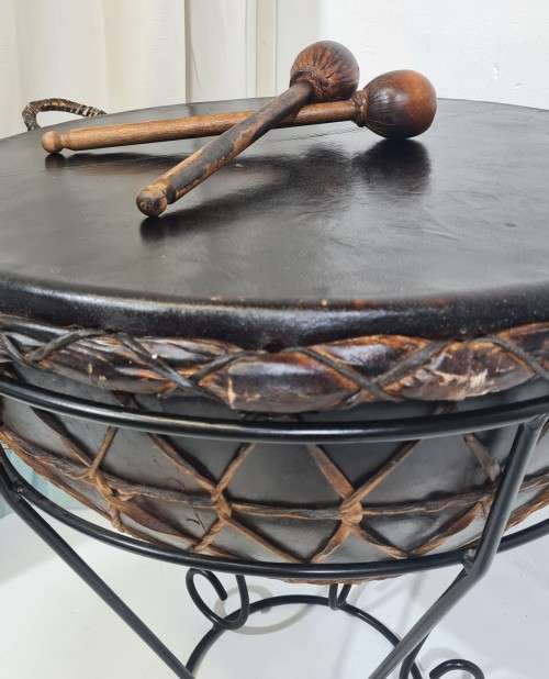 African Drum on Wrought Iron Stand
