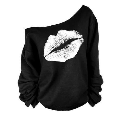 DROP SHOULDER/SKEW NECK LONG SLEEVE LIP-PRINT SWEATSHIRT