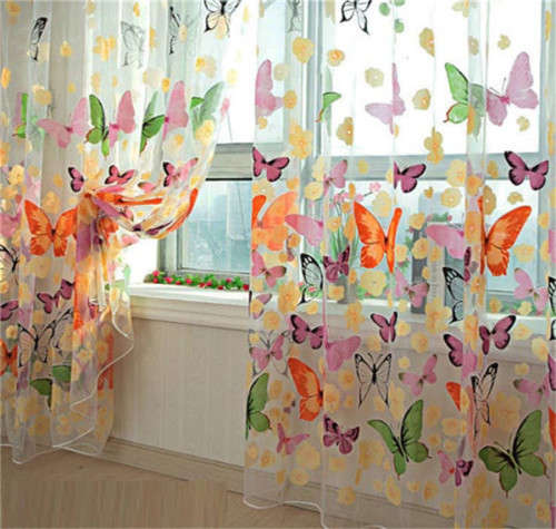 Butterfly-Print Sheer Panel Screen Curtain