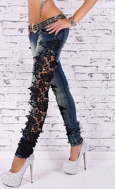 Women's Black Lace Stitching Jeans