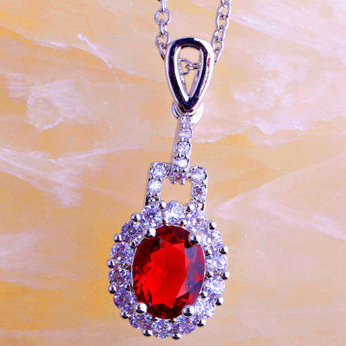 Gorgeous Oval Cut Ruby & White Topaz Gemstone Silver Pendant Necklace Jewellery