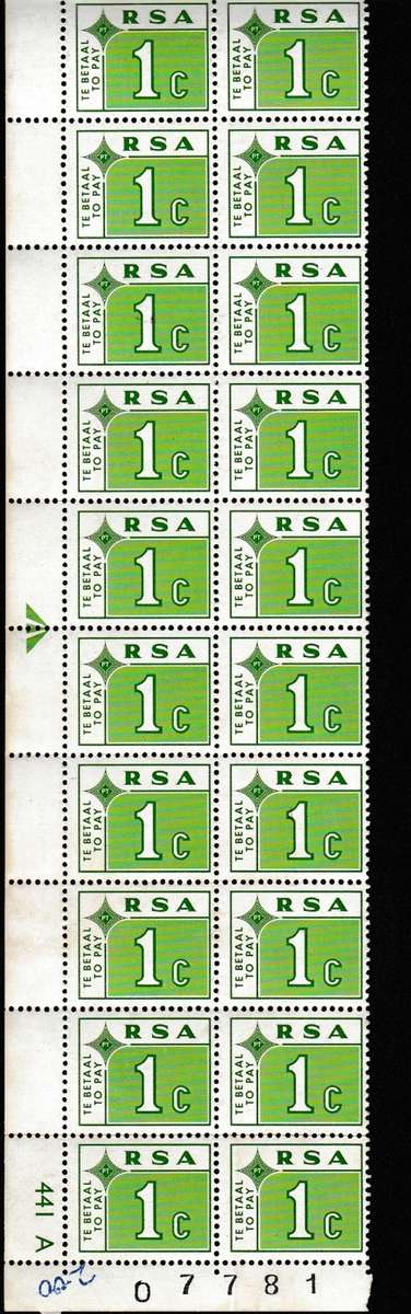 RSA : POSTAGE DUE ARROW STRIP OF 20 MNH, LOVELY ITEM
