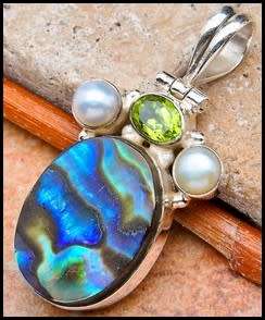 Sterling silver pendant - PAUA SHELL, FRESHWATER PEARL and PERIDOT