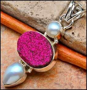 Sterling silver pendant - PINK TITANIUM DRUZY and FRESHWATER PEARL