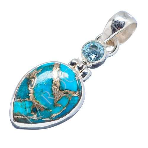 Sterling silver pendant - BLUE COPPER TURQUOISE and BLUE TOPAZ
