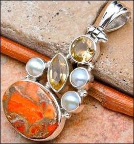 Sterling silver pendant - ORANGE COPPER TURQUOISE, CITRINE & PEARL - Dreams Collection