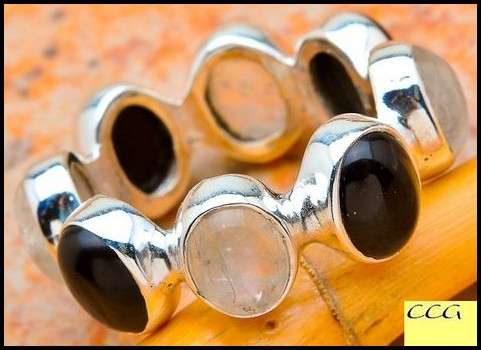 Sterling silver ring - RAINBOW MOONSTONE & ONYX - Dreams Collection (size 7.5 / P)