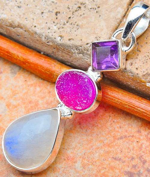 Sterling silver pendant - RAINBOW MOONSTONE, DRUZY & AMETHYST - Dreams Collection