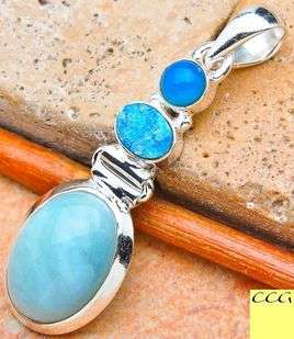 Sterling silver pendant - AQUAMARINE / BERYL, BLUE DRUZY & CHALCEDONY - Dreams Collection