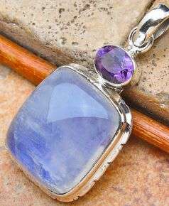 Sterling silver pendant - BLUE RAINBOW MOONSTONE & AMETHYST - Dreams Collection