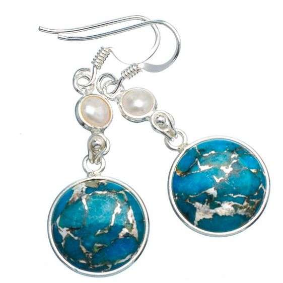 Sterling silver earrings - BLUE COPPER TURQUOISE & PEARL - Dreams Collection