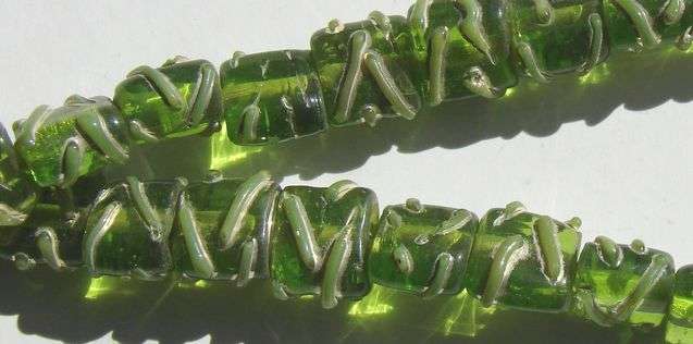 Indian Glass beads - Green & Silver hand-decorated square beads (sold individually)