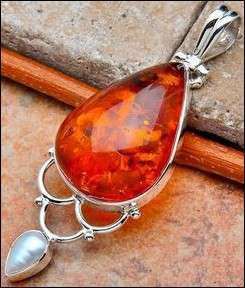Sterling silver pendant - AMBER & PEARL - Dreams Collection