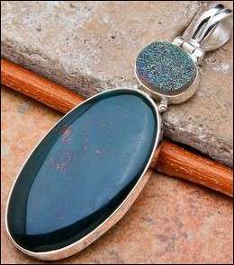 SALE ** Sterling silver pendant - TITANIUM DRUZY & BLOODSTONE / HELIOTROPE - Dreams Collection