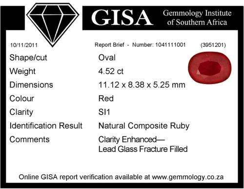 On Promotion! GISA CERTIFIED 4.52 cts Natural RUBY oval facet (Mozambique)