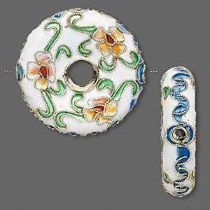 SPRING SALE ** Gold-plated Cloisonne WHITE DONUT bead 30mm (hand-painted)