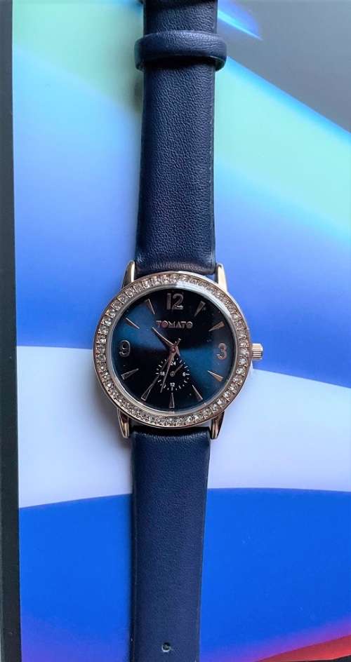 Tomato T743171 Two Tone Navy Sunrise Dial, Rose Gold Stone Round Case Navy Vegan leather Strap