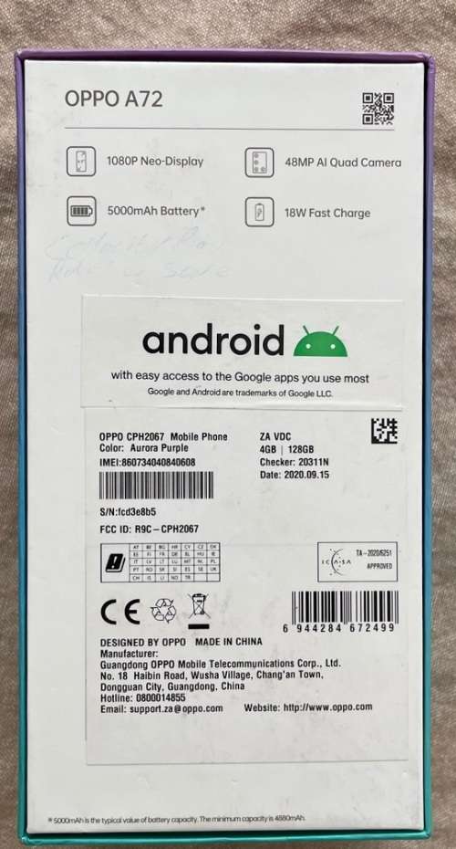 OPPO A72 4GB RAM + 128GB ROM ( BRAND NEW)