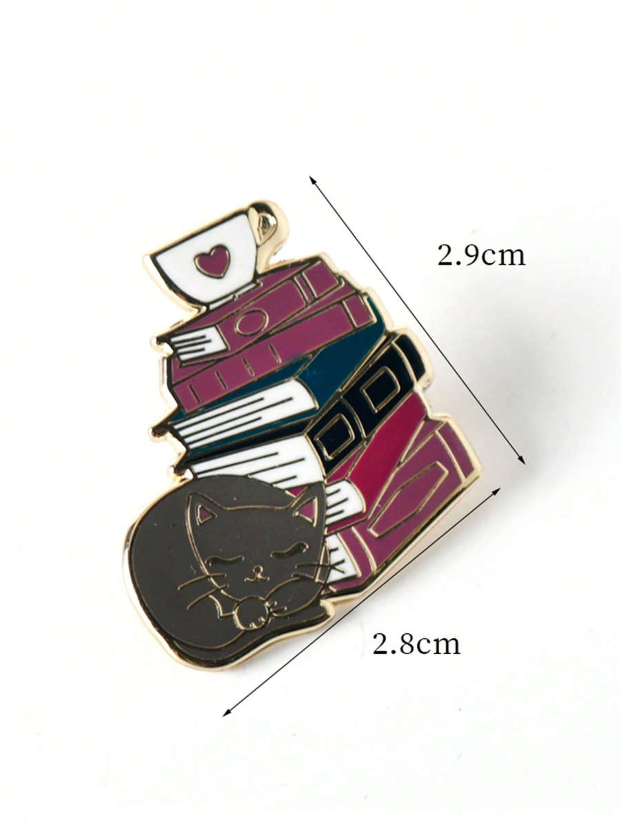 Cat and Book Stack Enamel Pin