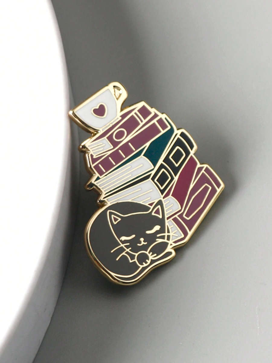 Cat and Book Stack Enamel Pin