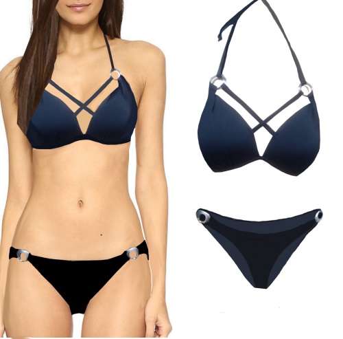 Stunning Ultra-Cleavage Halter Cage Bikini with rings