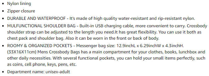 WEIXIER Anti Theft, Waterproof Sling Bag - Black ***Bought in Qatar***