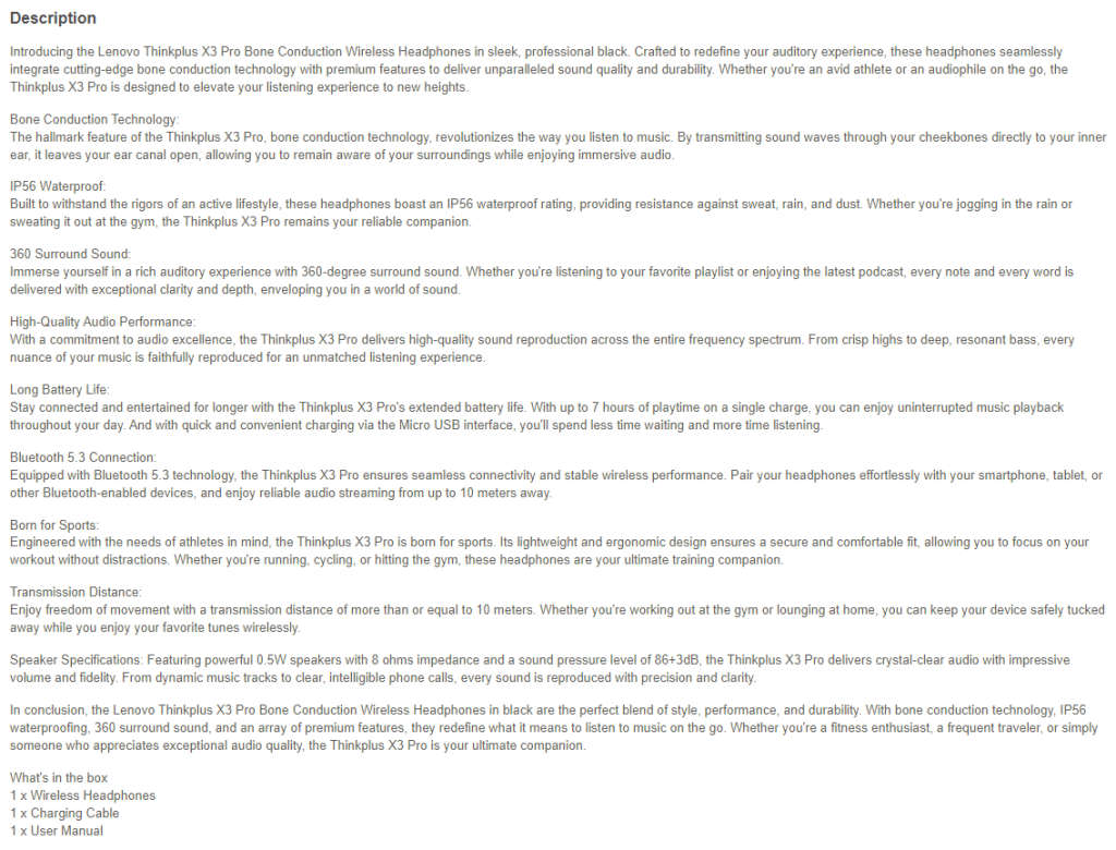 Lenovo- Thinkplus X3 Pro Bone Conduction Wireless Headphones (Black)