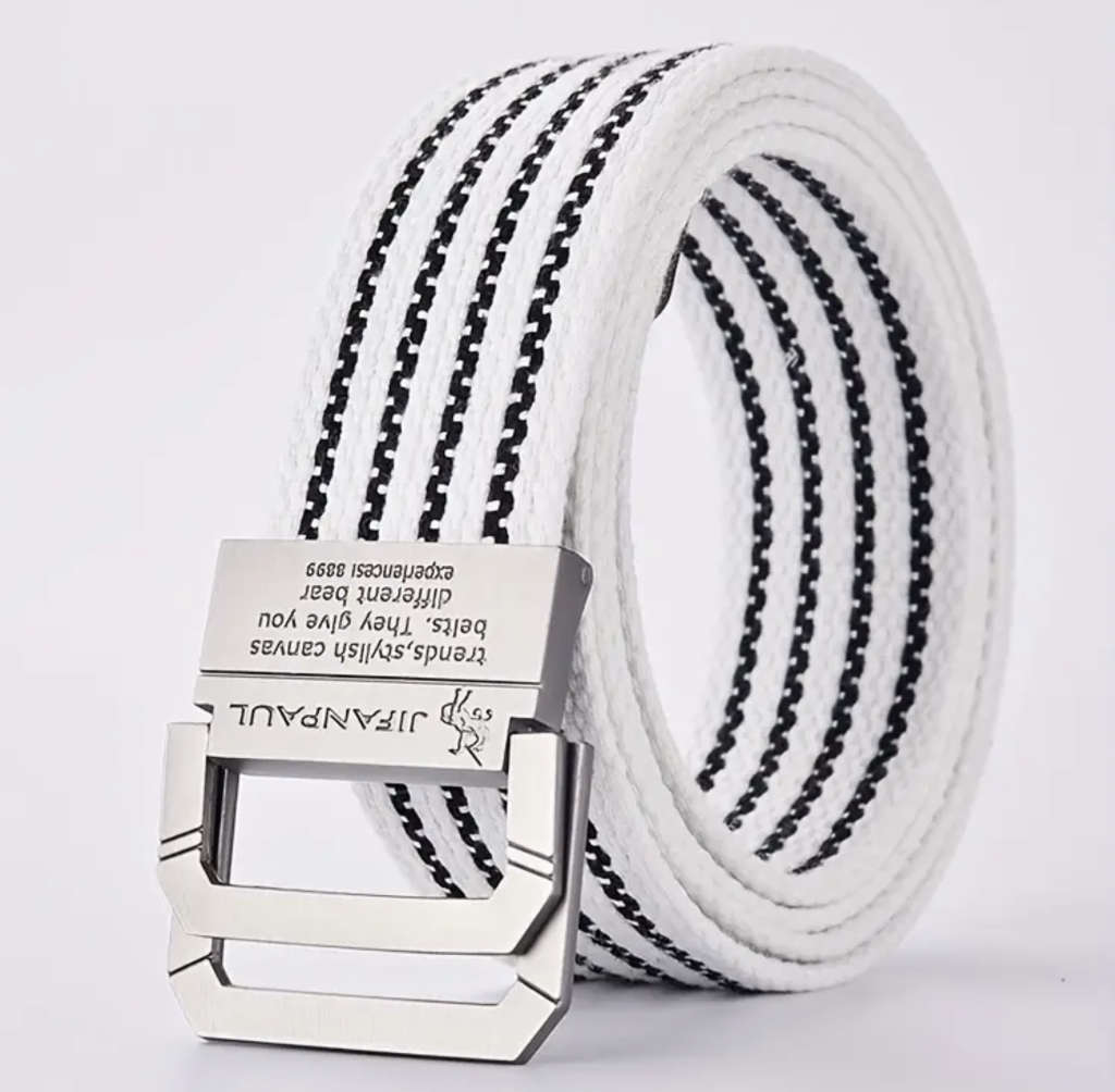 ***GOLF*** White Striped Double Buckle Canvas Belt 120cm
