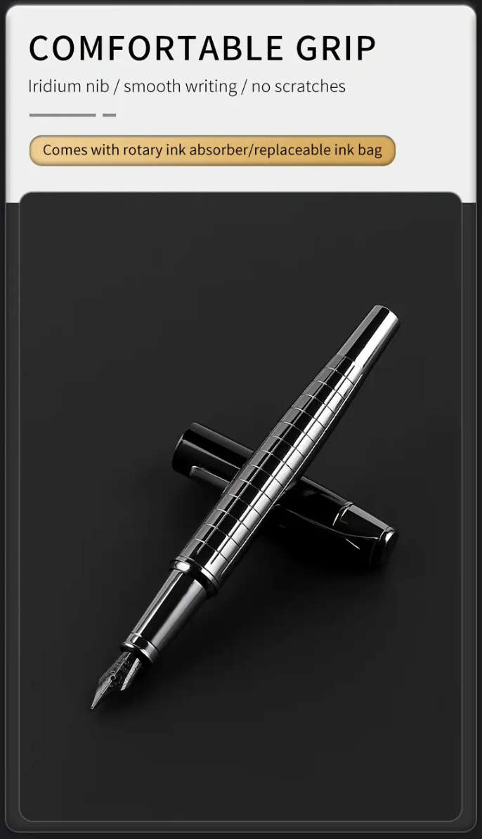 Luxury Silver Fountain Pen with Iridium 0.5mm Nib